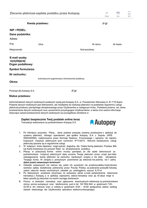 Ppwg (Autopay) Zlecenie płatnicze-zapłata podatku przez Autopay / wpłata gotówkowa na rachunek organu podatkowego (podatki)