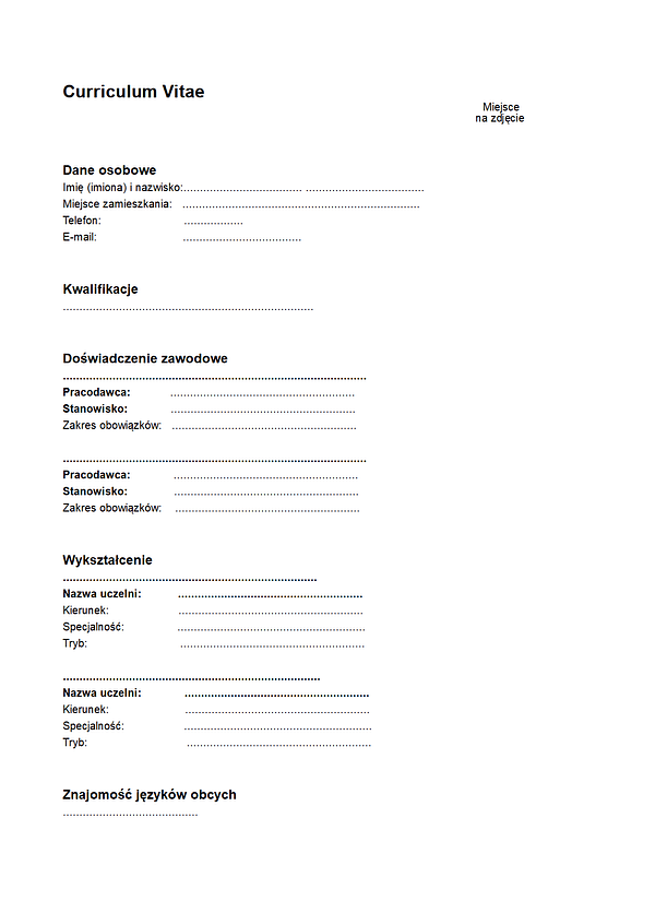 Puste Cv CV Curriculum Vitae | darmowy wzór do pobrania