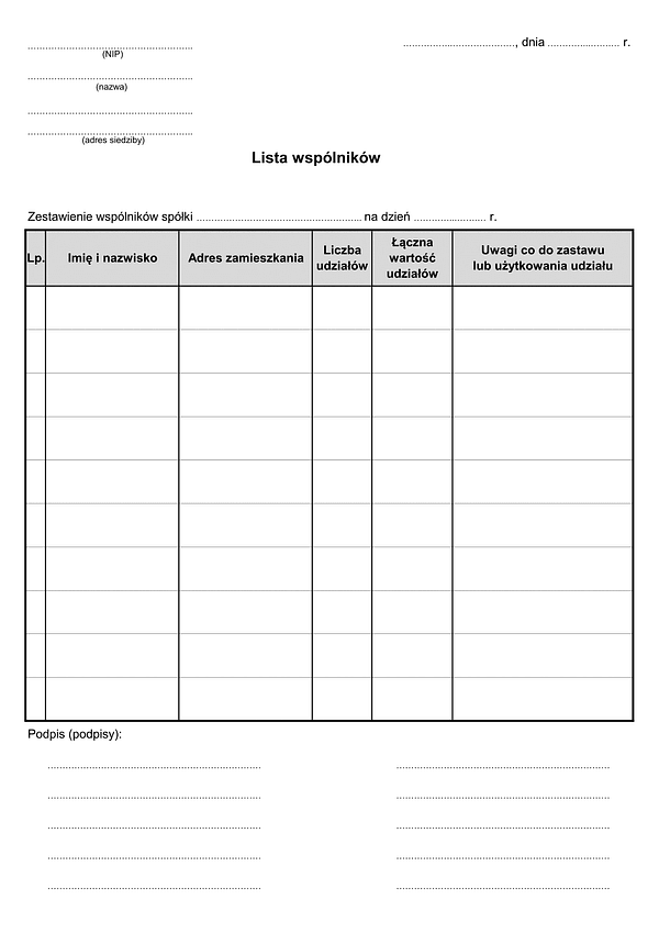 LWS Lista wspólników spółki | wzór do pobrania online