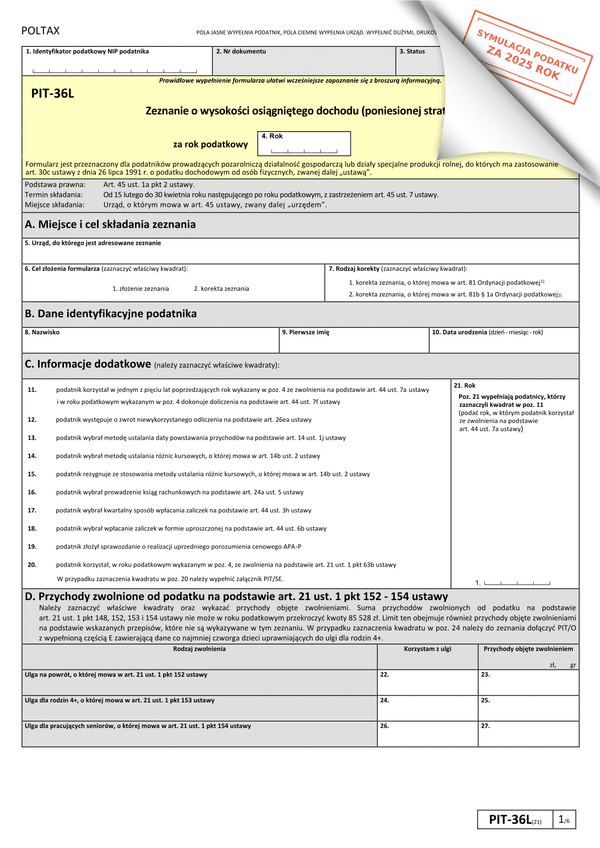 PIT-36L (21) (2025) Zeznanie o wysokości osiągniętego dochodu (poniesionej straty) 