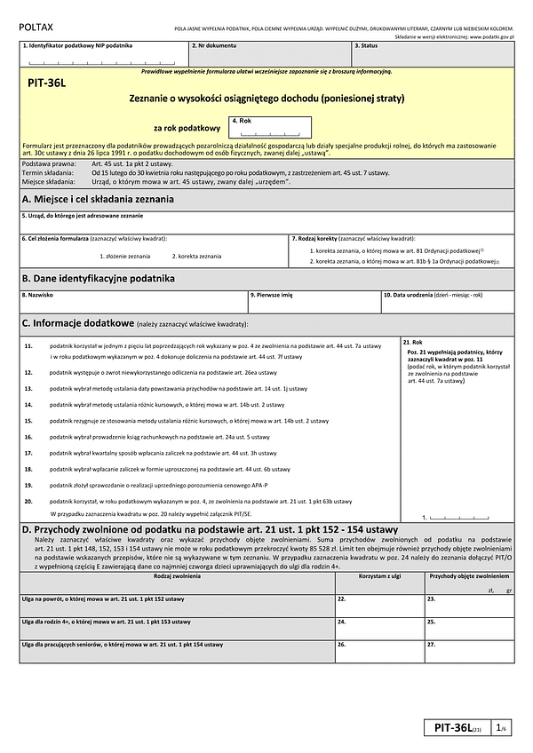  Deklaracja PIT-36L - podatek liniowy