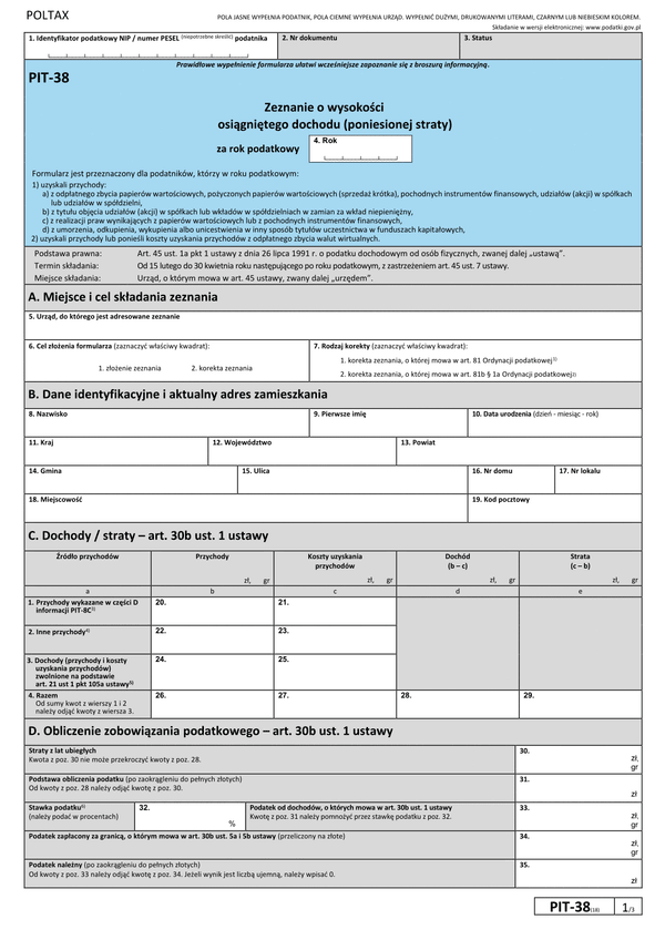 PIT-38 (18) (2025) Zeznanie o wysokości osiągniętego dochodu (poniesionej straty)